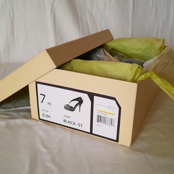 Open Toe Black Heels with Rosette Detail - Picture 6 of 6